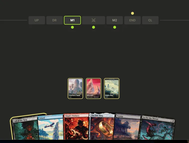 A board with playable cards and phase steps highlighted
