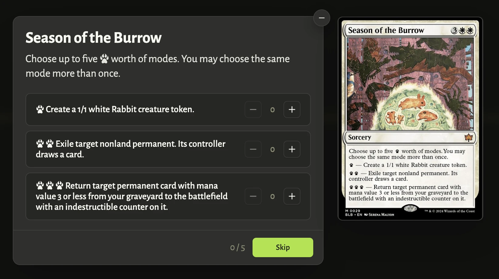 Mode rows prefixed with pawprint pips and a running total against a budget