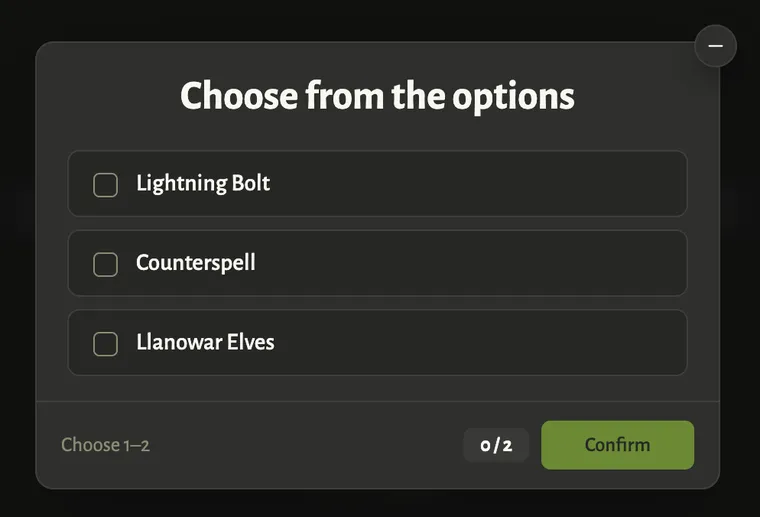 Option rows with checkboxes and a confirm button