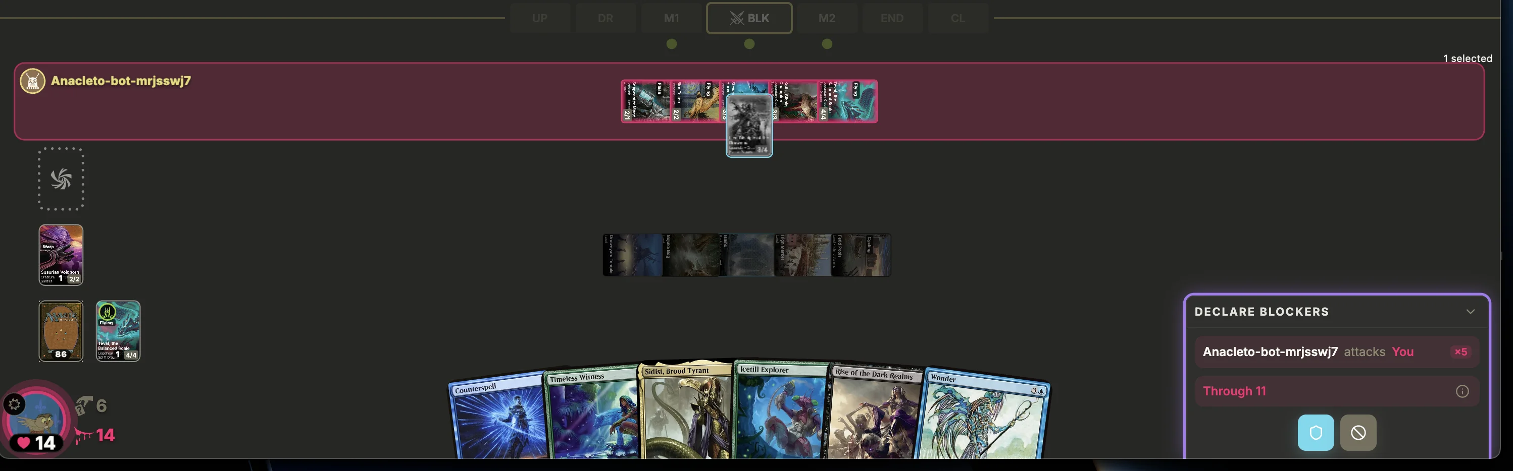 The chooseBlockers prompt in the Manabrew client