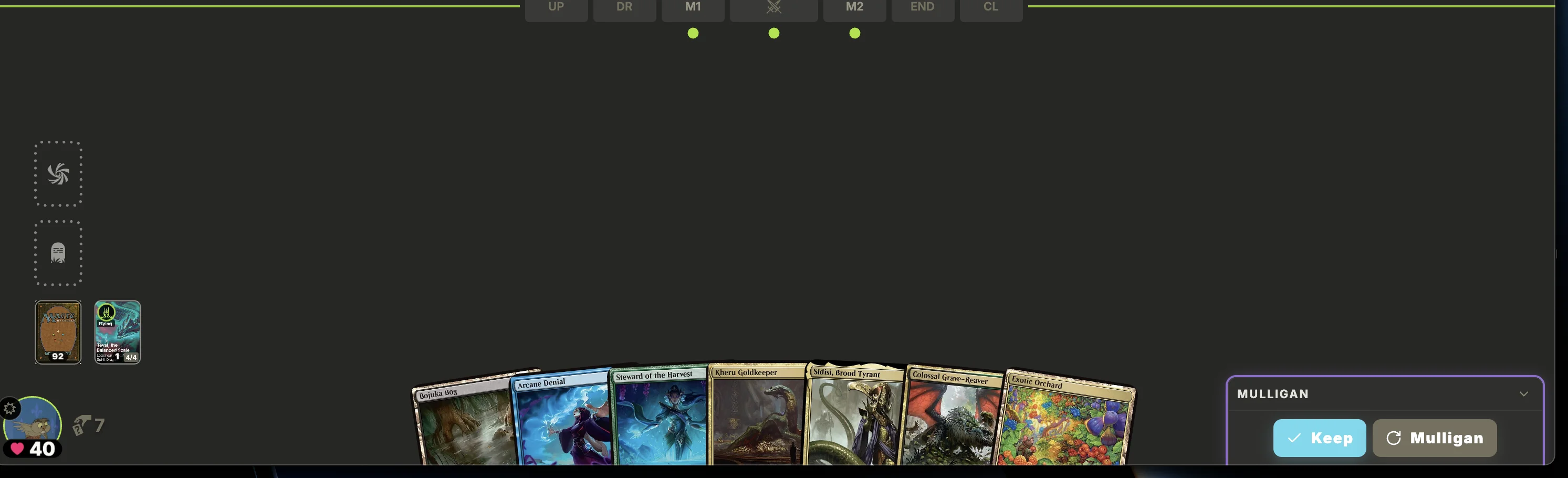 The mulligan prompt in the Manabrew client