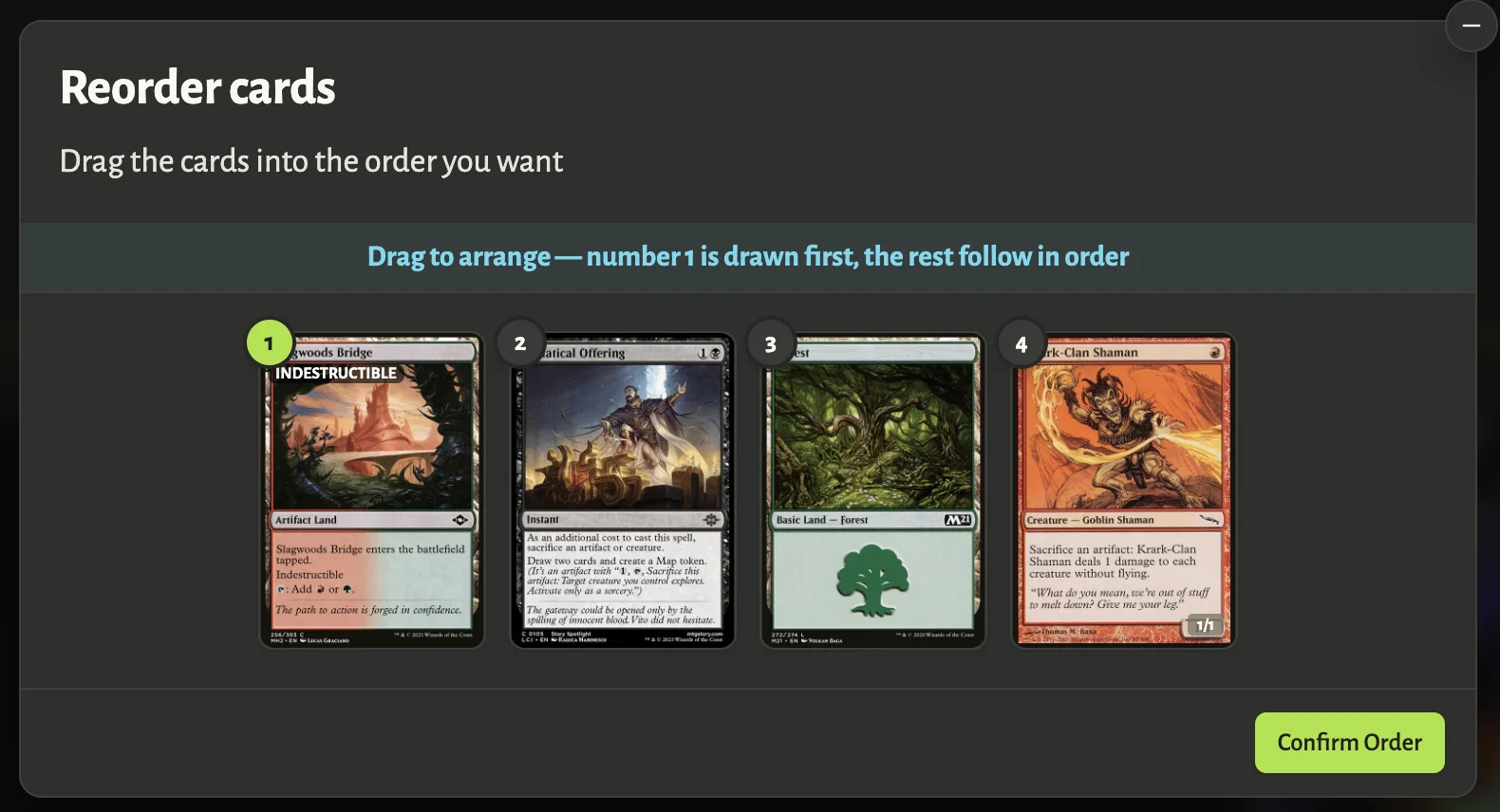 The reorder prompt in the Manabrew client