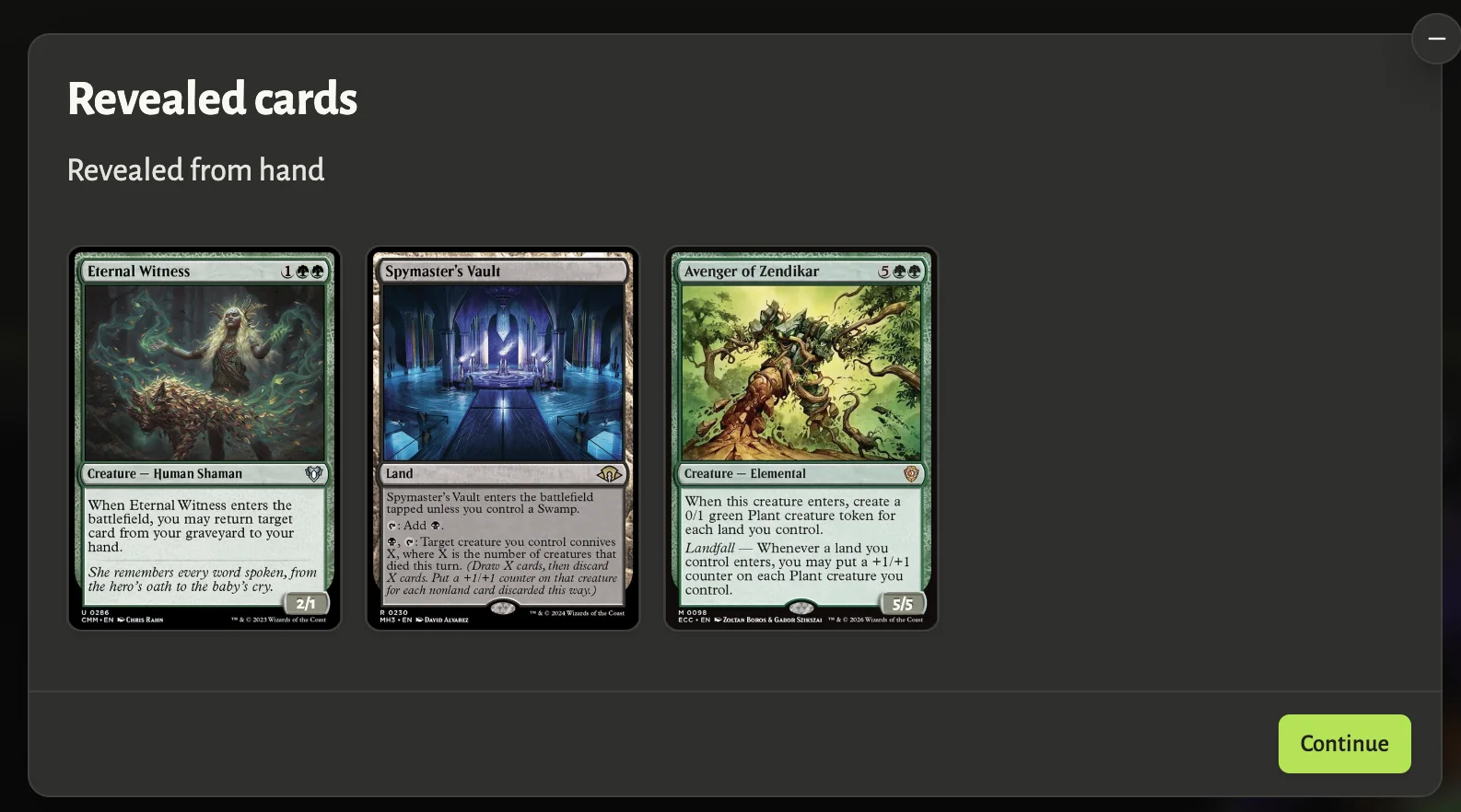 The revealCards prompt in the Manabrew client